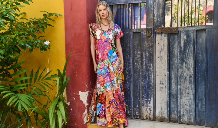 Model wearing printed dress