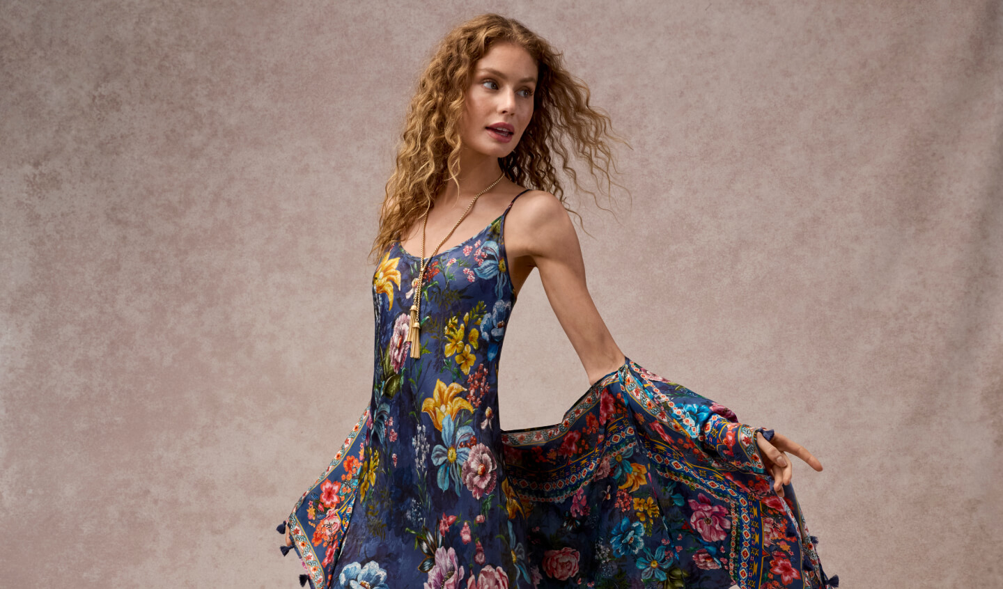 Model wearing printed dress