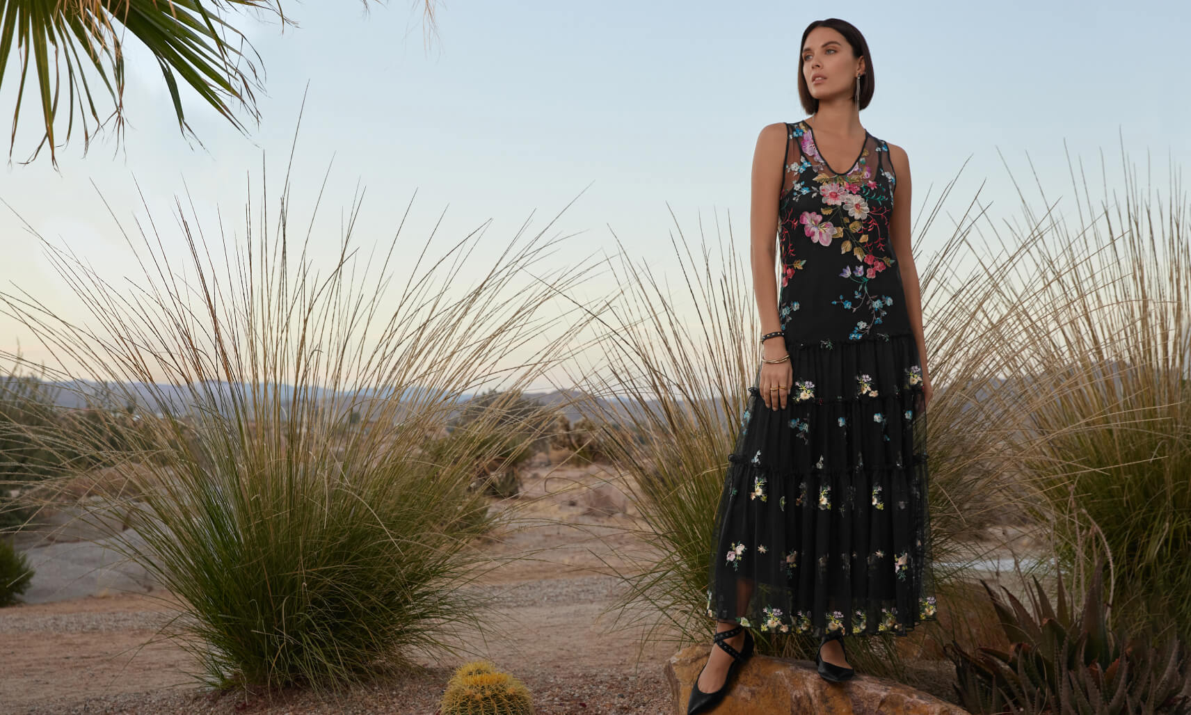 Model Wearing Embroidered Black Maxi Dress