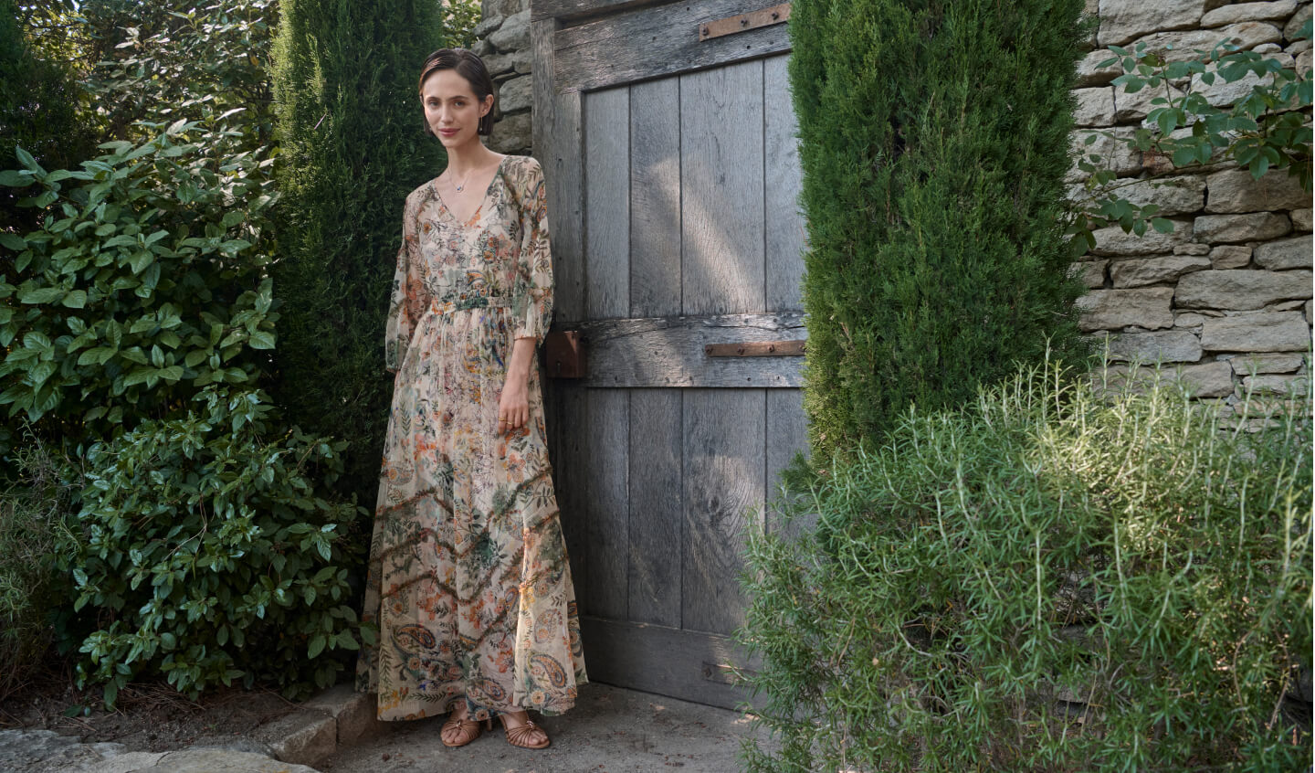 Model wearing printed maxi dress